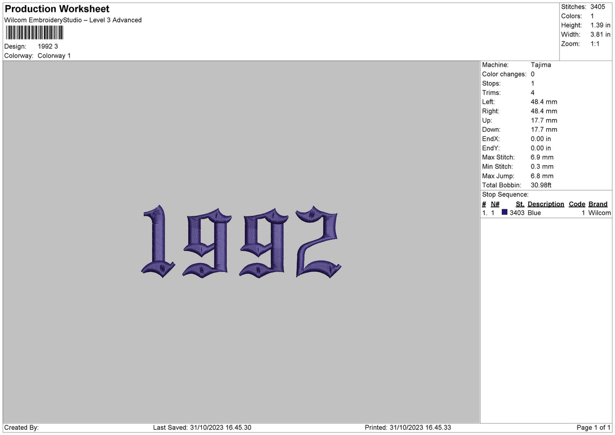 1992 Number Embroidery File 6 sizes