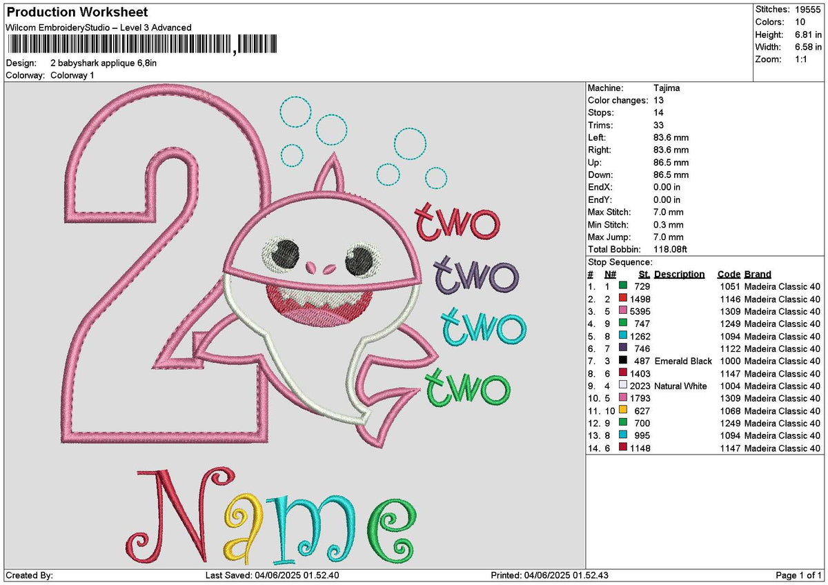 2 Babyshark App Embroidery File 6 sizes