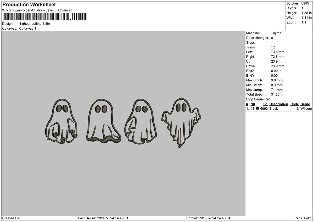 4 Ghosts Embroidery File 6 sizes