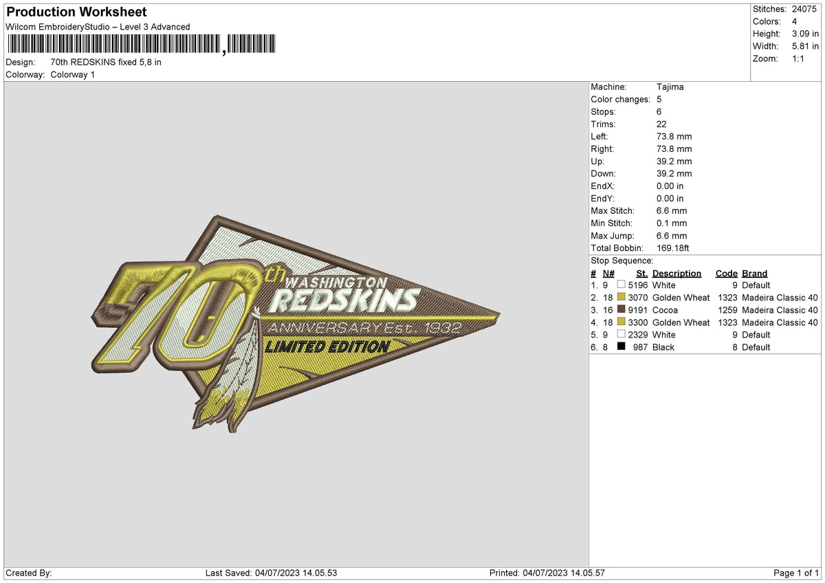 70th Redskins Embroidery File 6 sizes