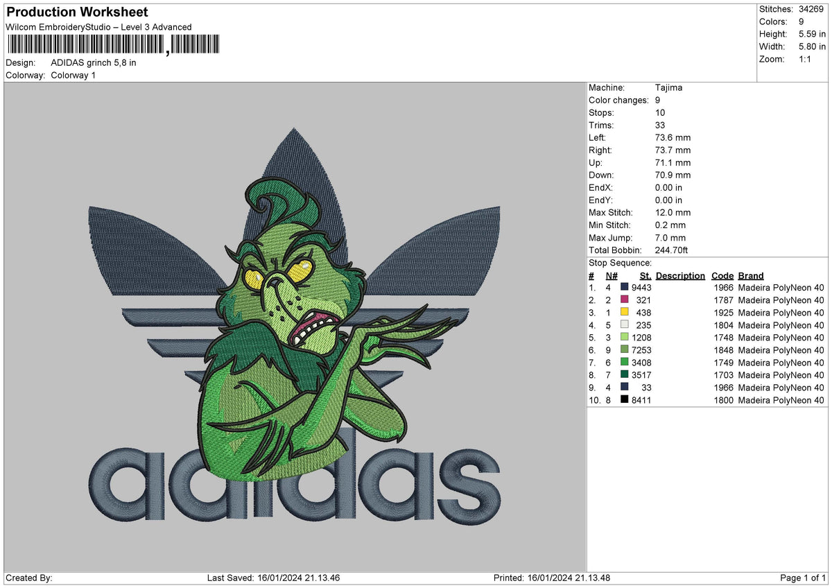 Adidasgrinch Embroidery File 6 sizes