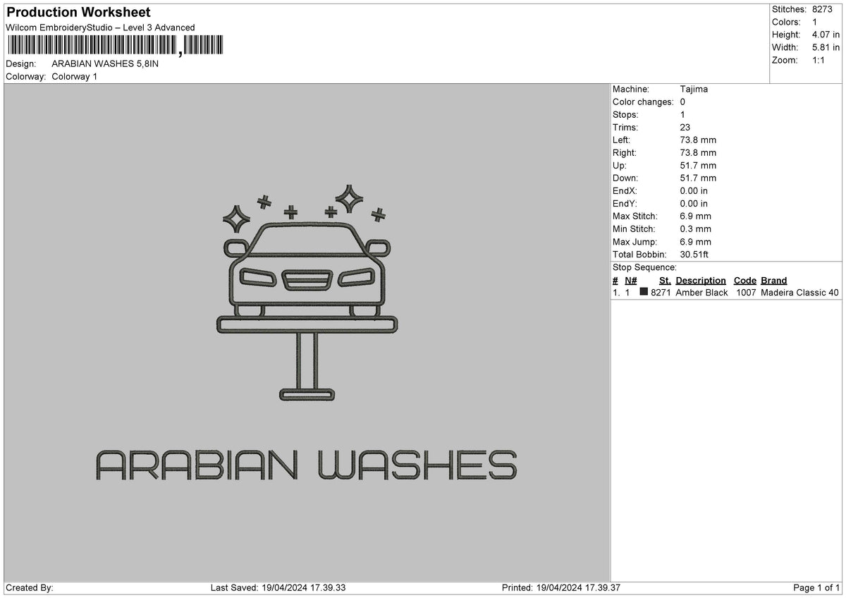 Carwash1904 Embroidery File 6 sizes