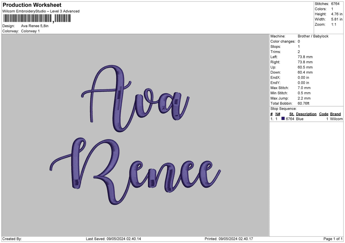 Ava Text Embroidery File 6 sizes