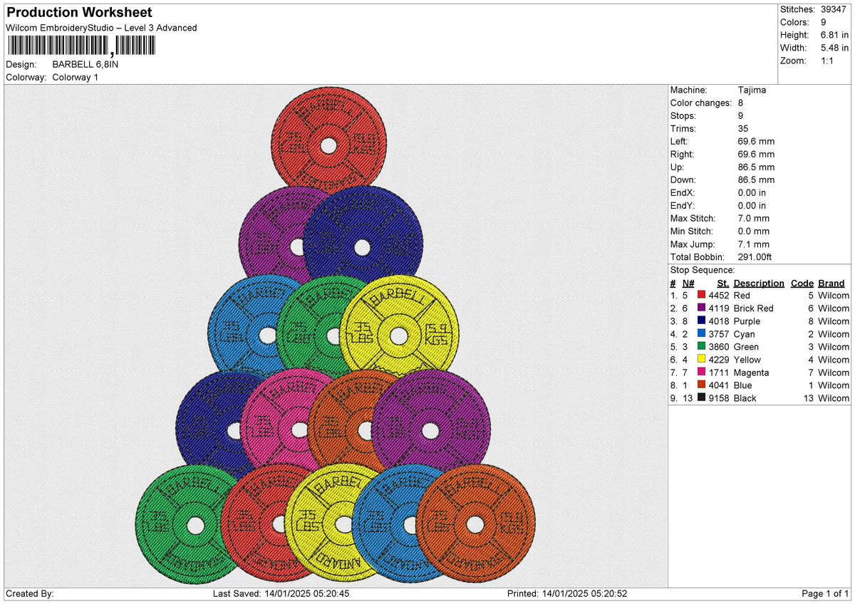 BARBELL Embroidery File 6 size
