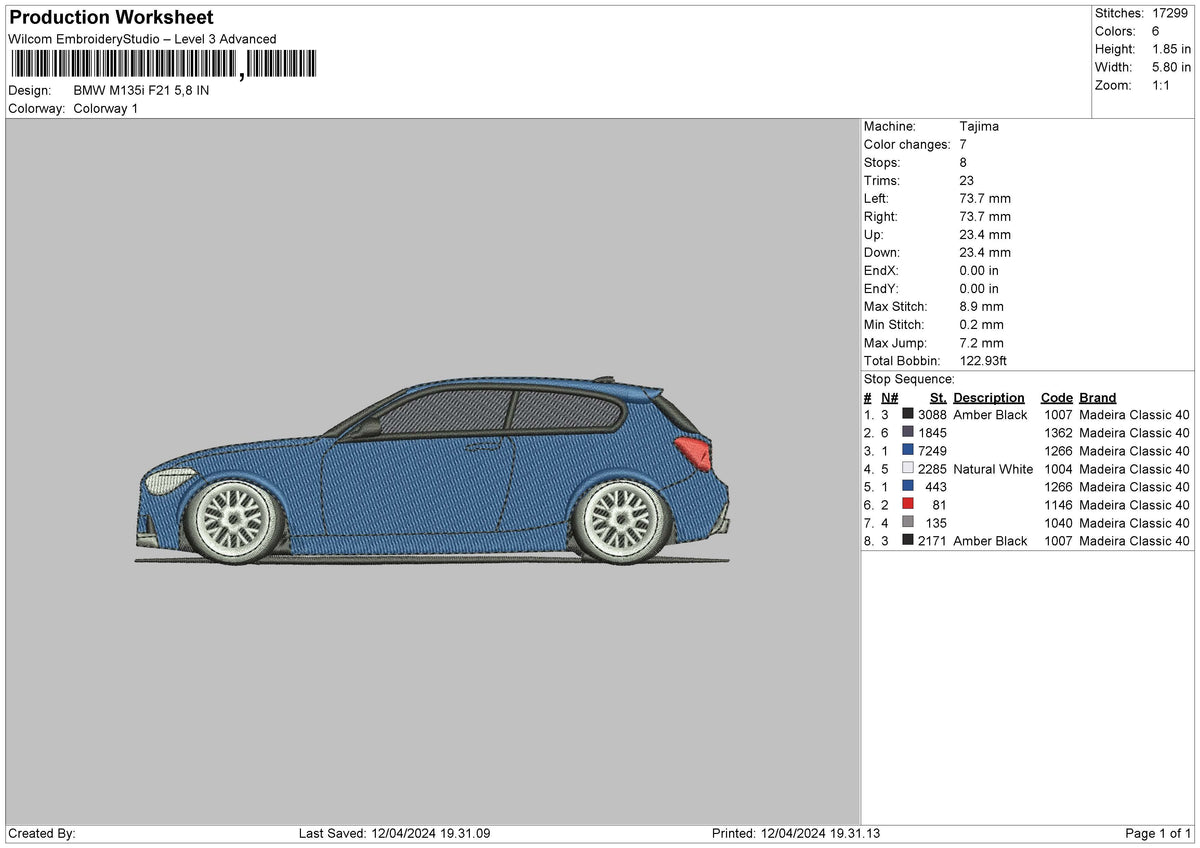 Car 1204 Embroidery File 6 sizes