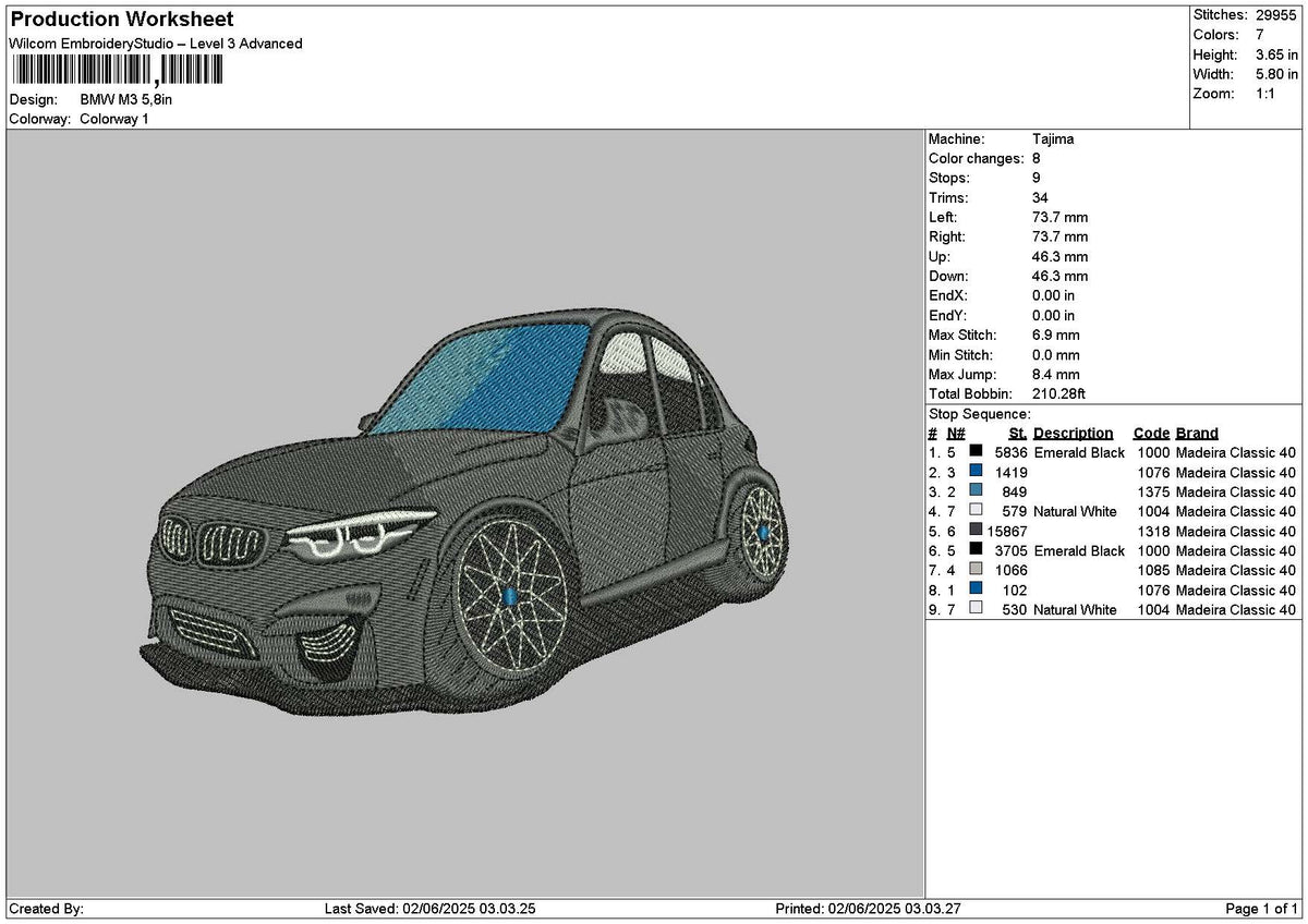 Black Car M3 Embroidery File 6 sizes
