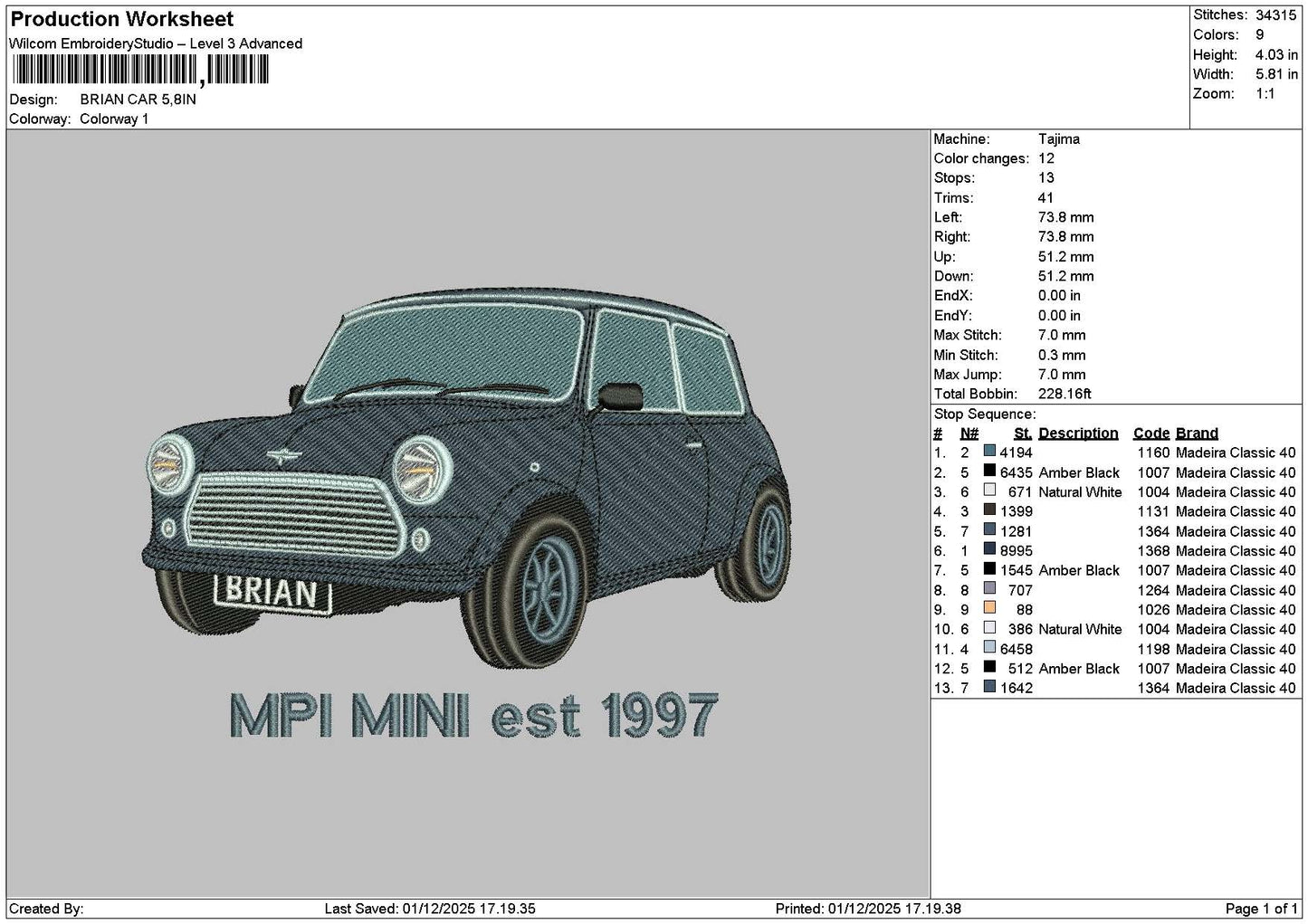 Brian Car Embroidery File 6 sizes