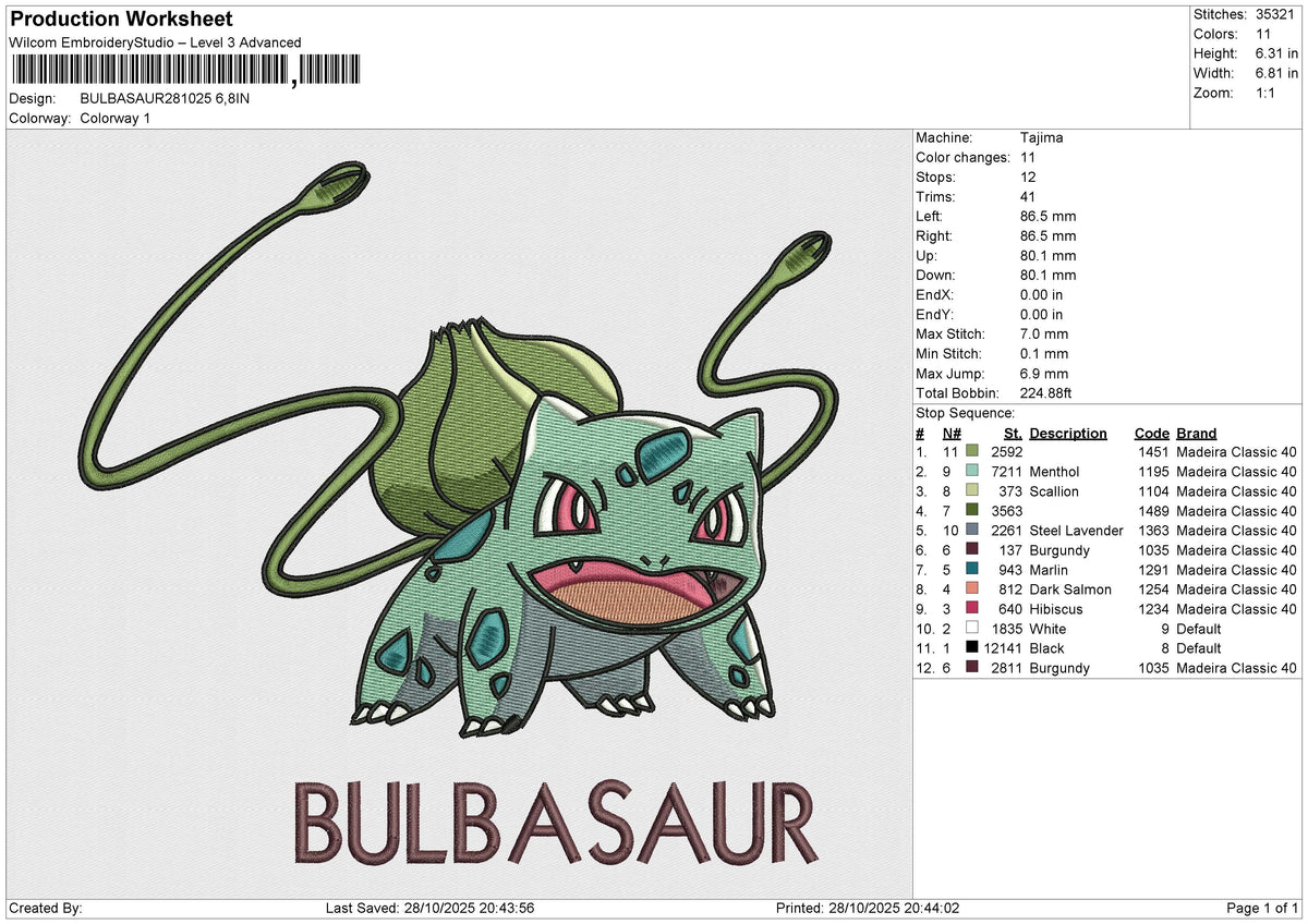 BULBASAUR281025 Embroidery File 6 size