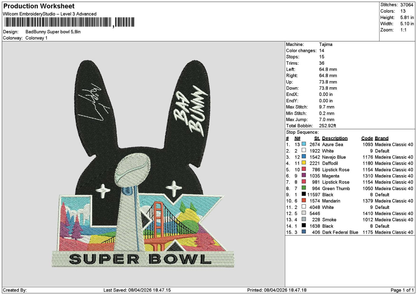 Badbunny 0804 Embroidery File 6 sizes