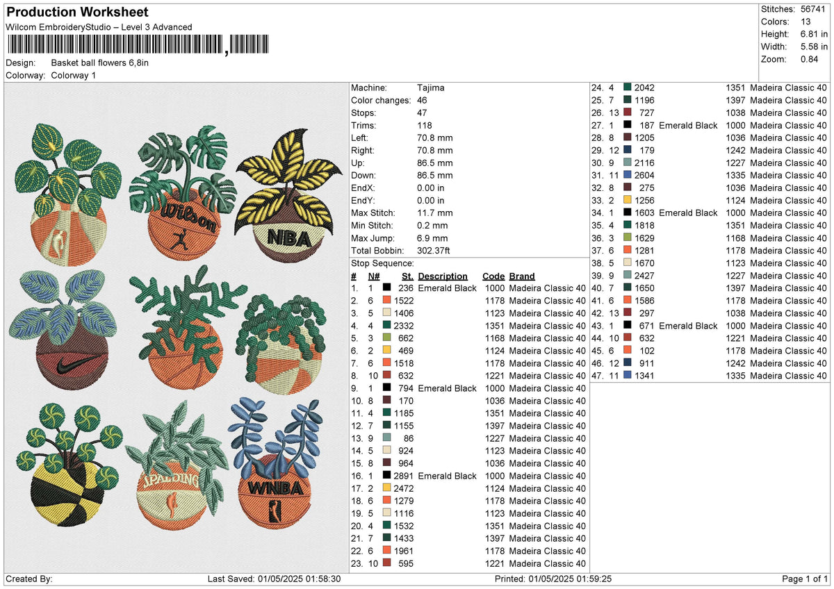Basket ball flowers Embroidery File 6 size