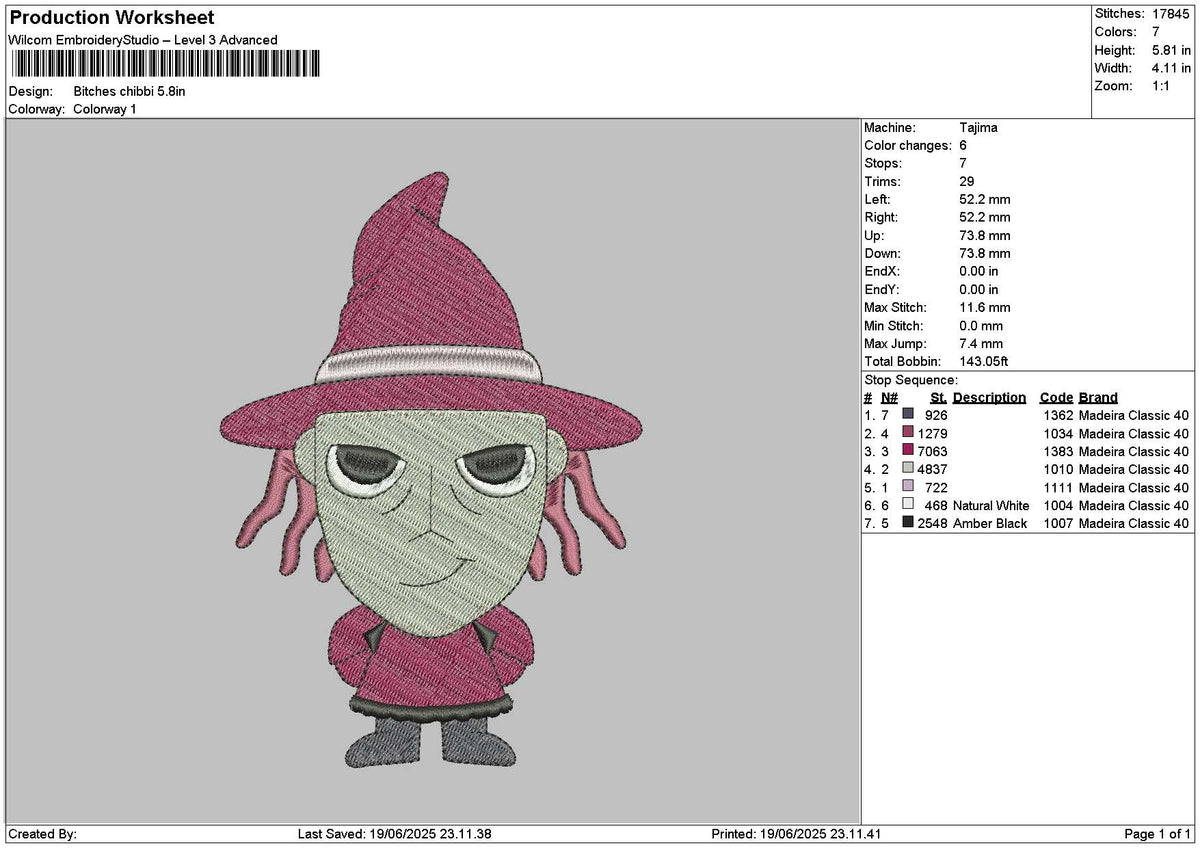 Witch Chibi Embroidery File 6 sizes