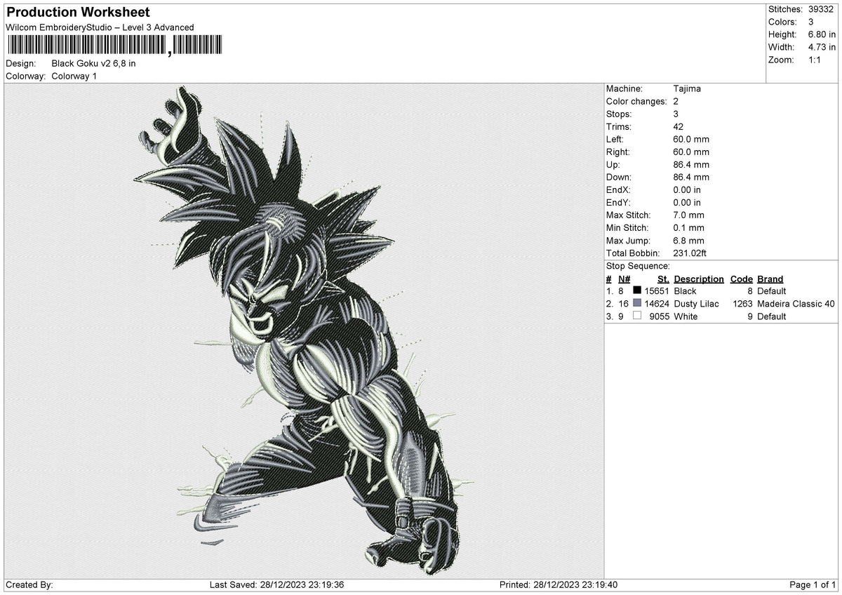 Black Goku v2 Embroidery File 6 size