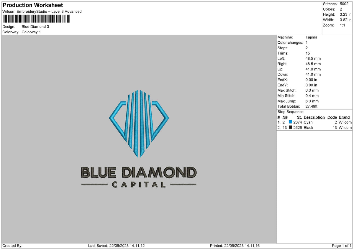 Blue Diamond Embroidery File 6 sizes