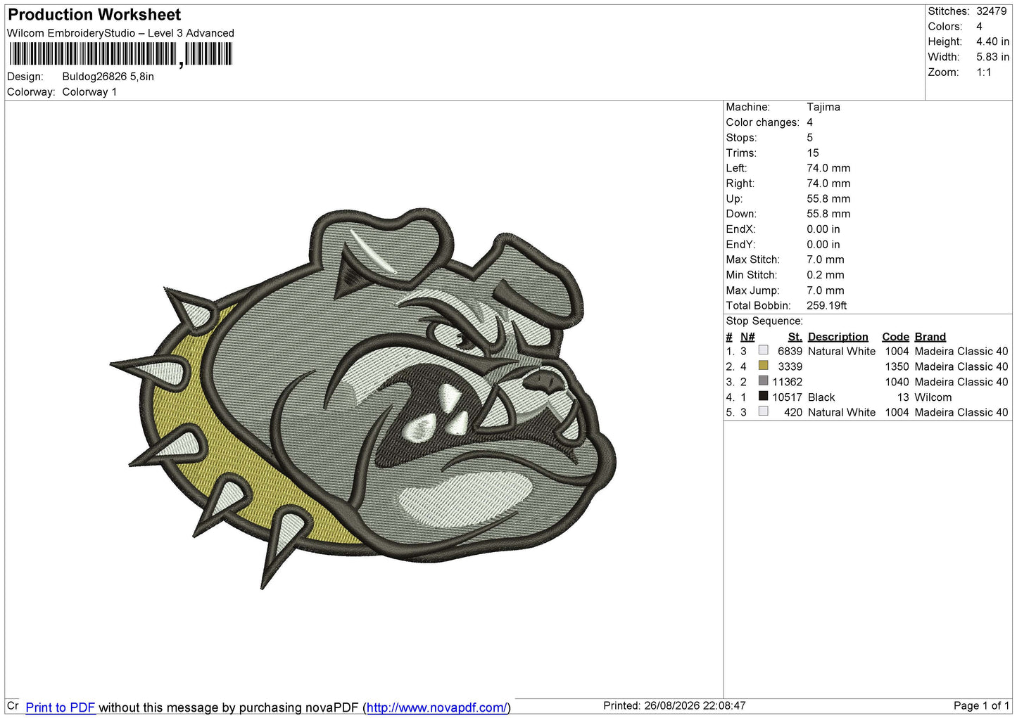 Buldog26826 Embroidery File 6 size