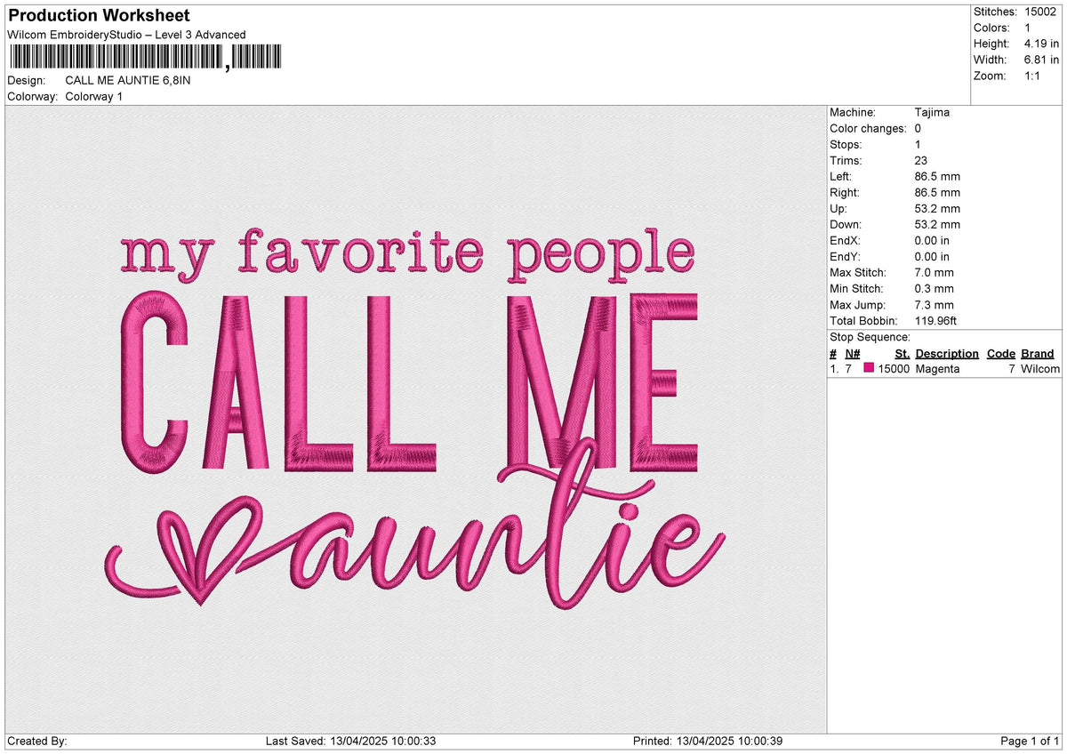 CALL ME AUNTIE Embroidery File 6 size