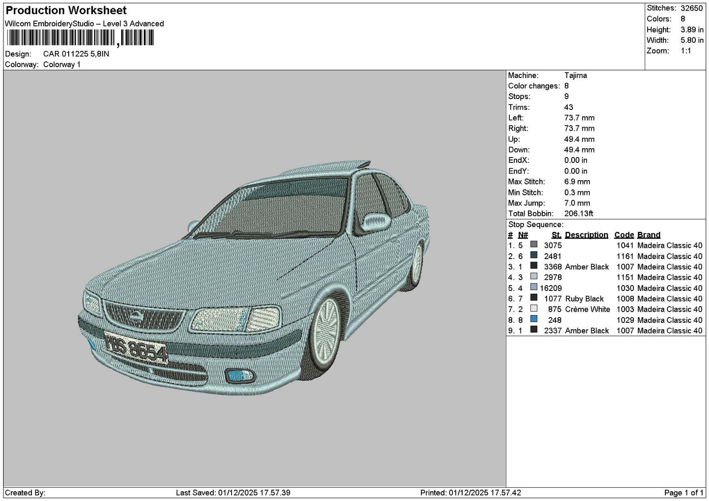 Car 0112 Embroidery File 6 sizes