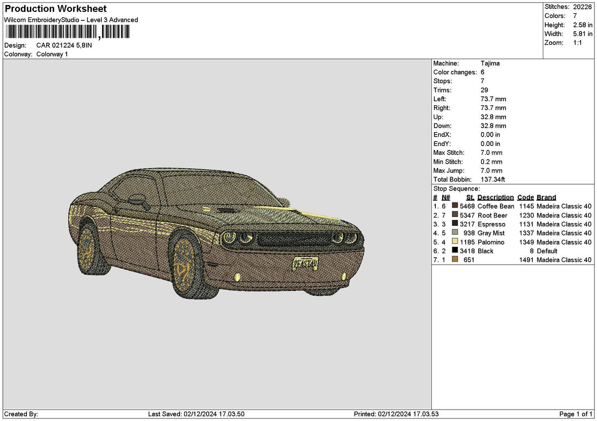 Car 0212 Embroidery File 6 sizes