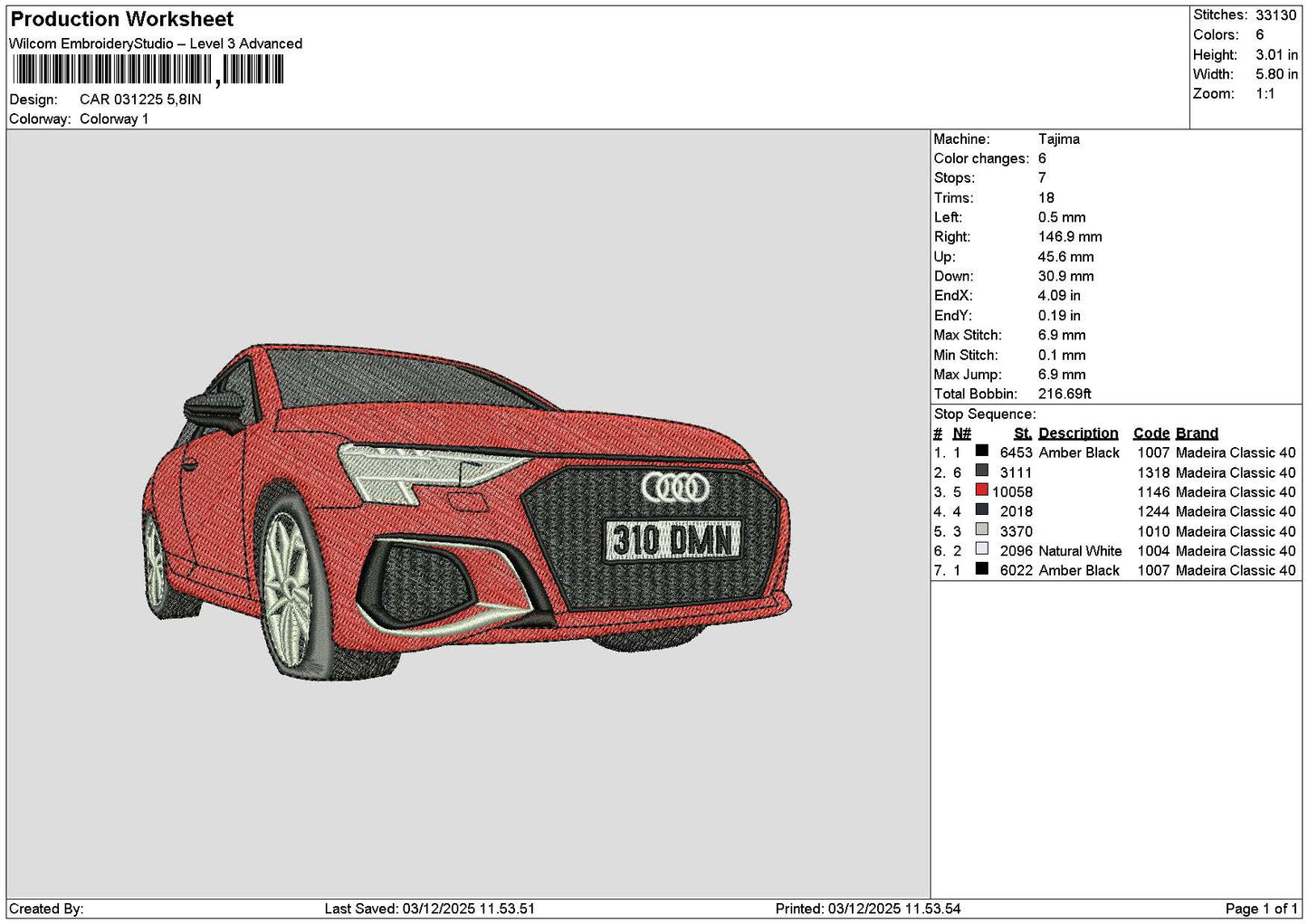 Red Car 0312 Embroidery File 6 sizes