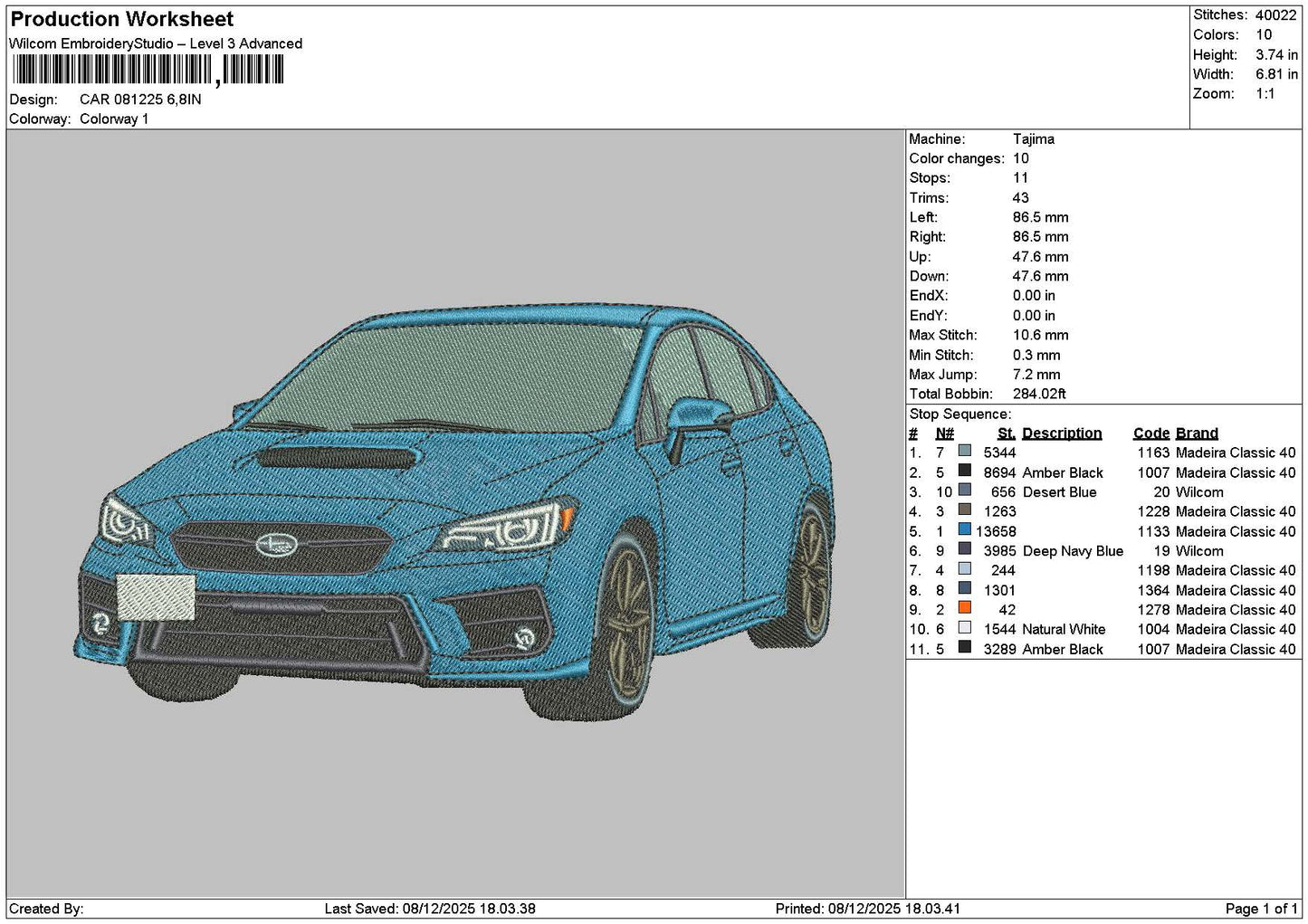 Blue Car 0812 Embroidery File 6 sizes