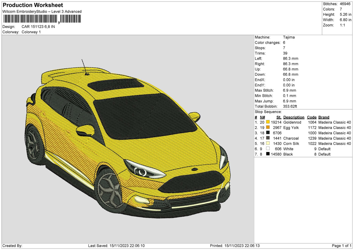 CAR 151123 Embroidery File 6 size