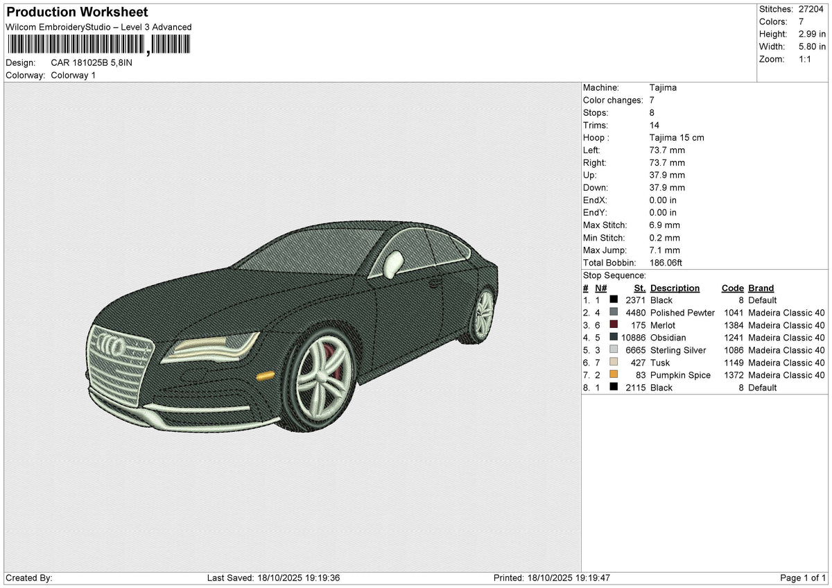 CAR 181025B Embroidery File 6 sizes