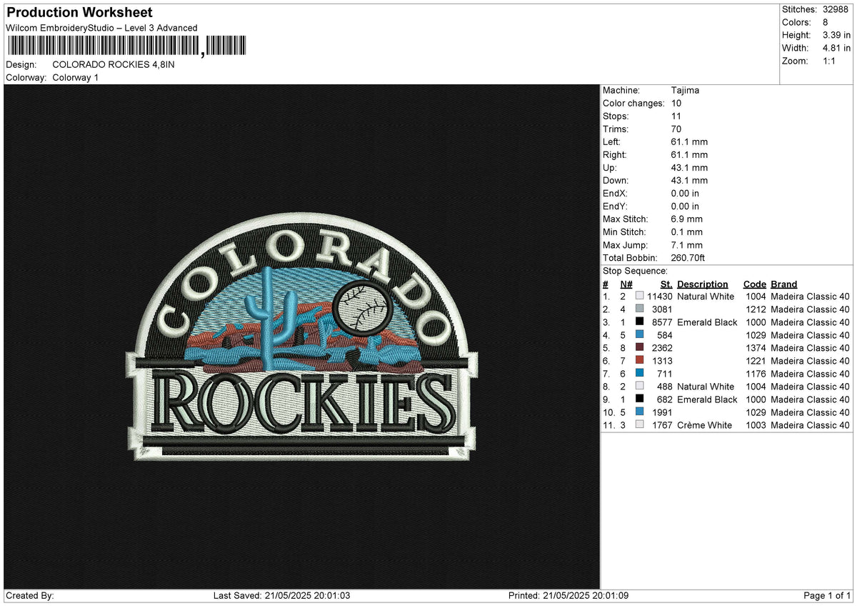 COLORADO ROCKIES Embroidery File 6 size