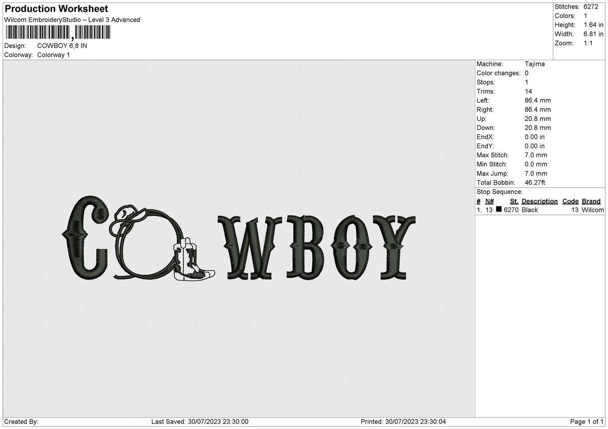 COWBOY Embroidery File 6 size