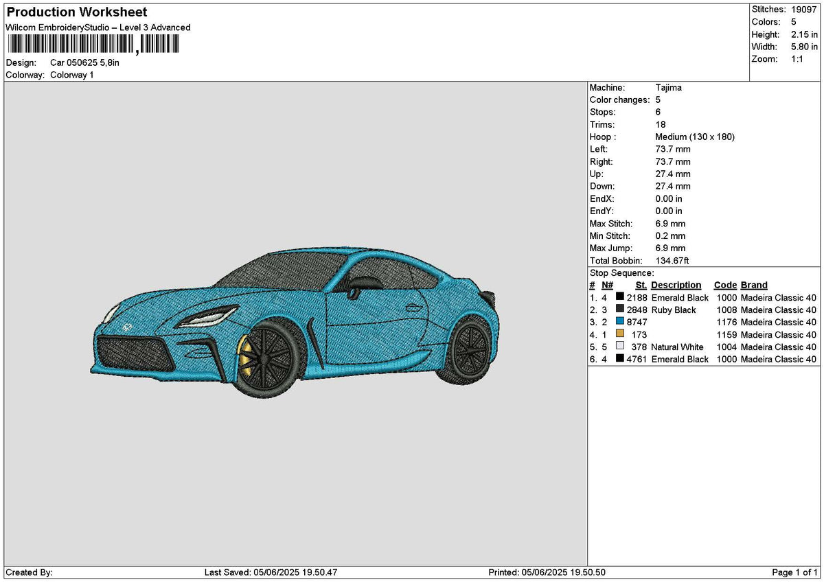 Blue Car 0506 Embroidery File 6 sizes