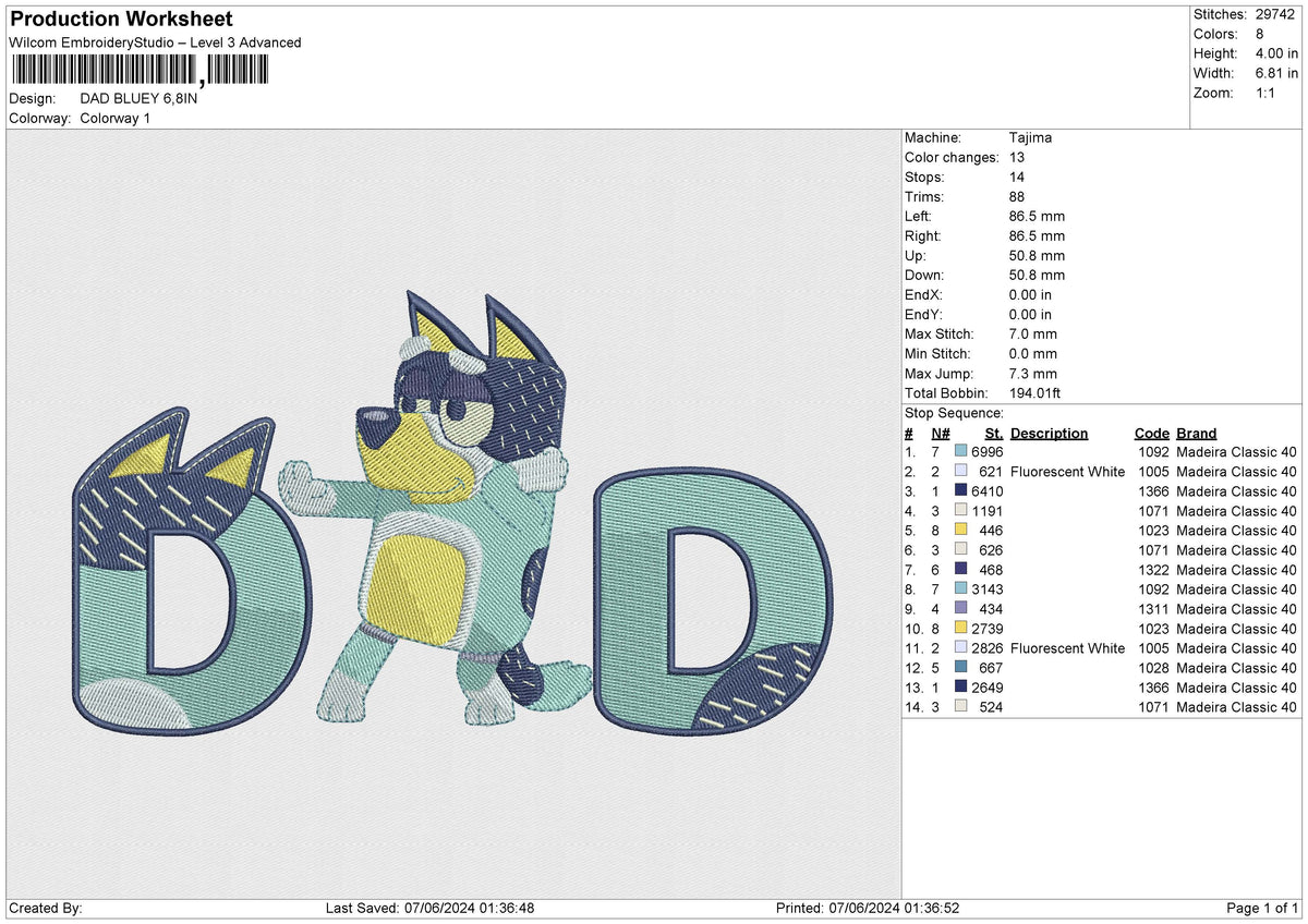 DAD BLUEY Embroidery File 6 size