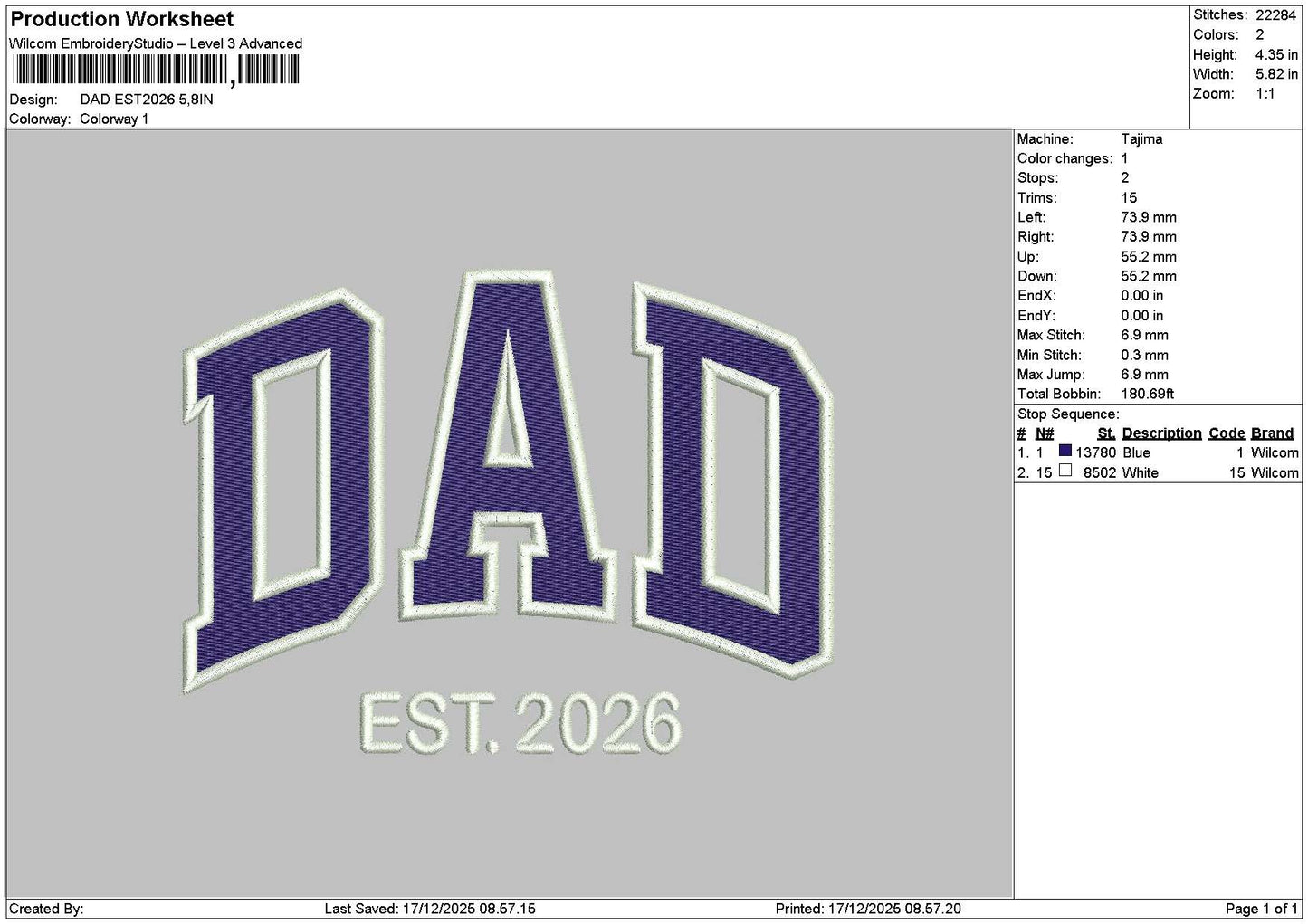 Dadtext 26 Embroidery File 6 sizes