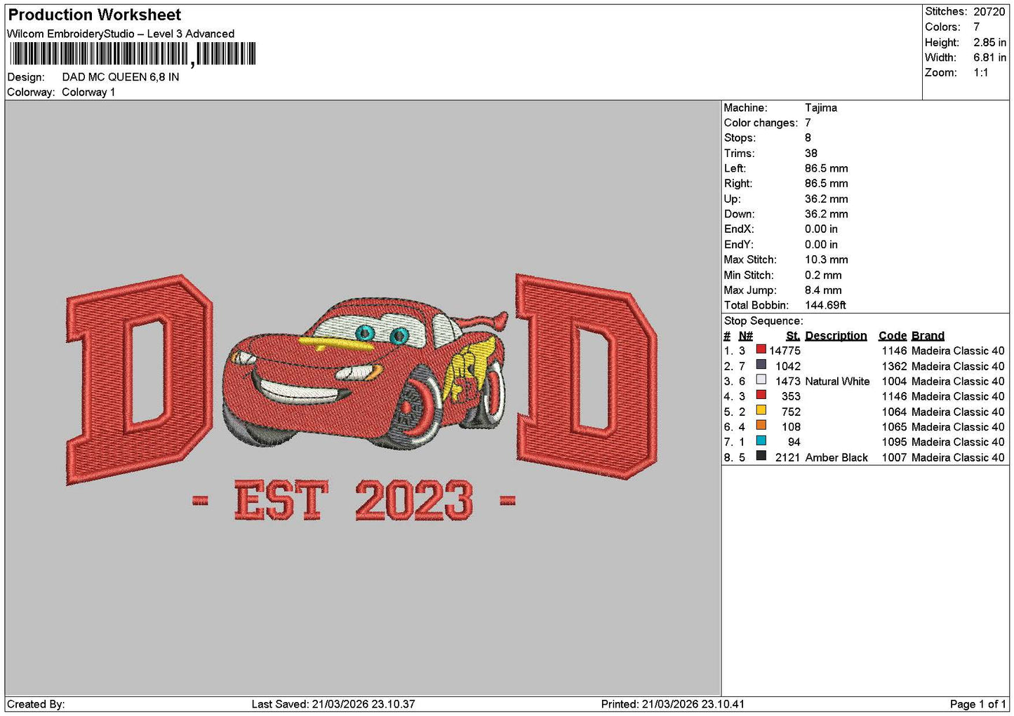 Dad Mcqueen 23 Embroidery File 6 sizes