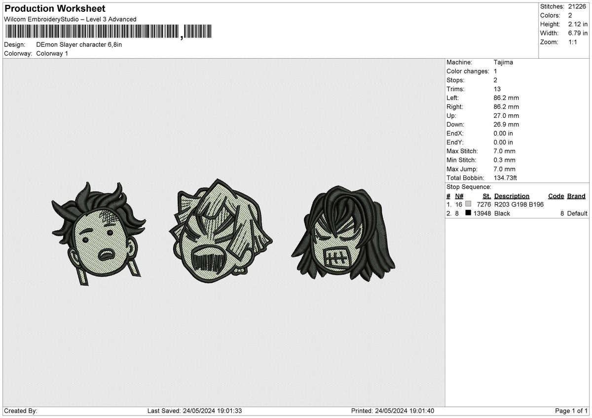 Demon Slayer Character Embroidery File 6 size