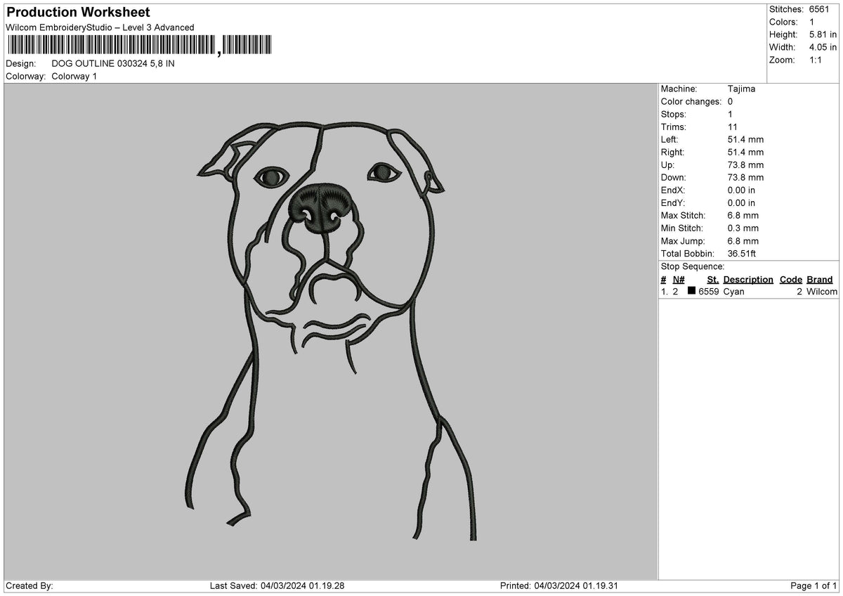 Dog Outline 0324 Embroidery File 6 sizes