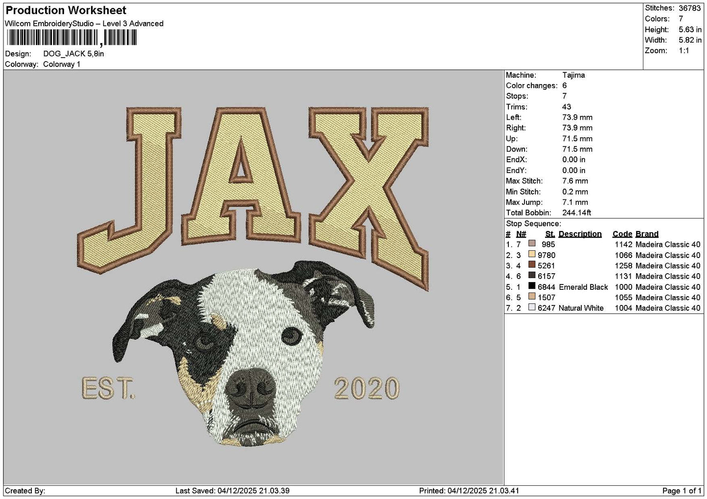 Dog Jax Embroidery File 6 sizes