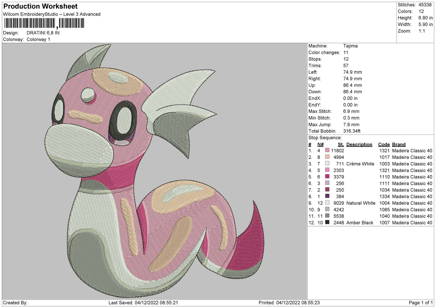 Dratini Embroidery File 6 sizes