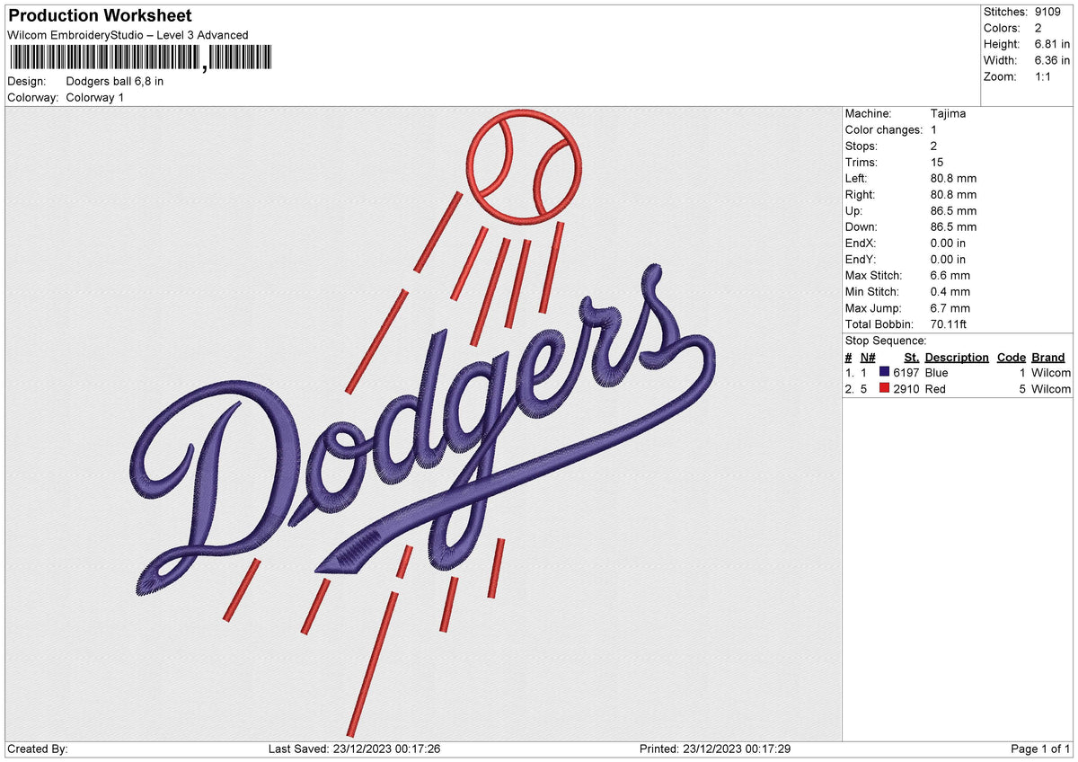 Dodgers ball Embroidery File 6 size