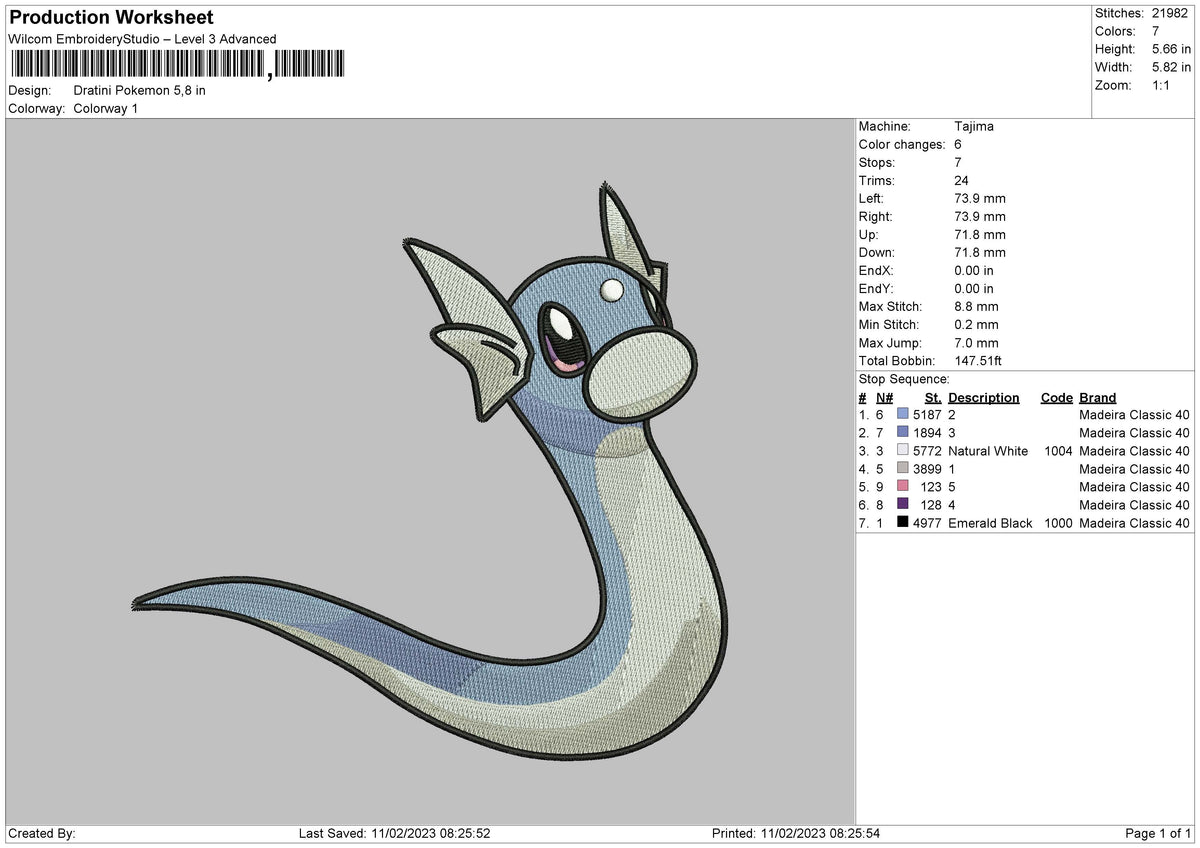 Dratini P Embroidery File 6 sizes