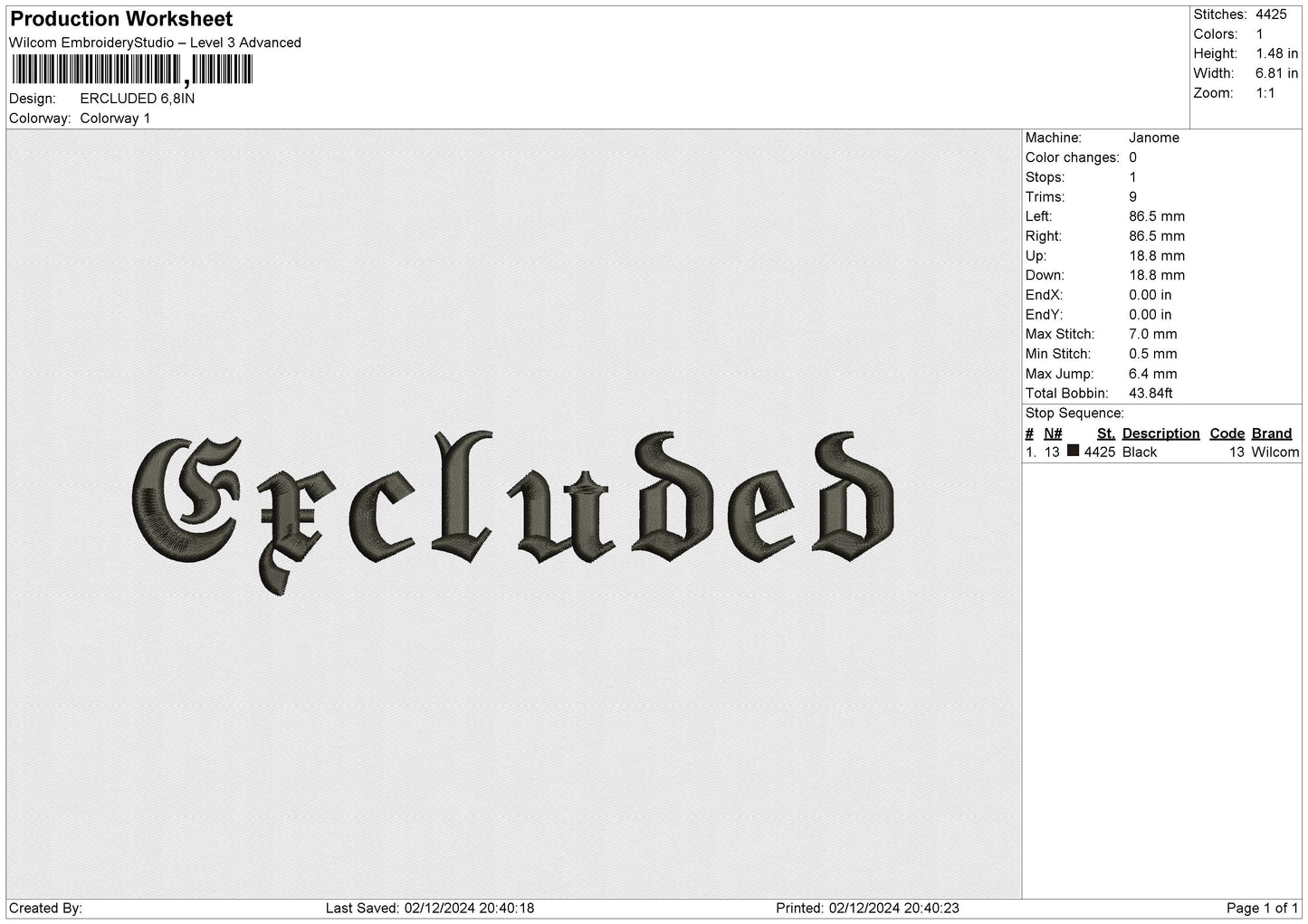 ERCLUDED Embroidery File 6 size