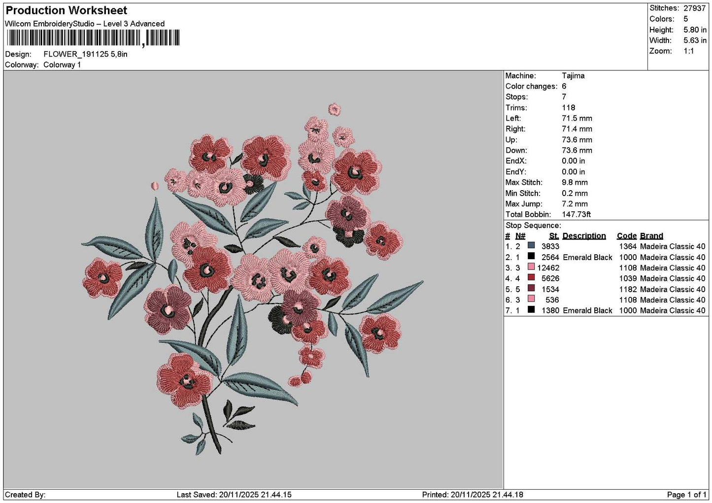 Flowers 1911 Embroidery File 6 sizes