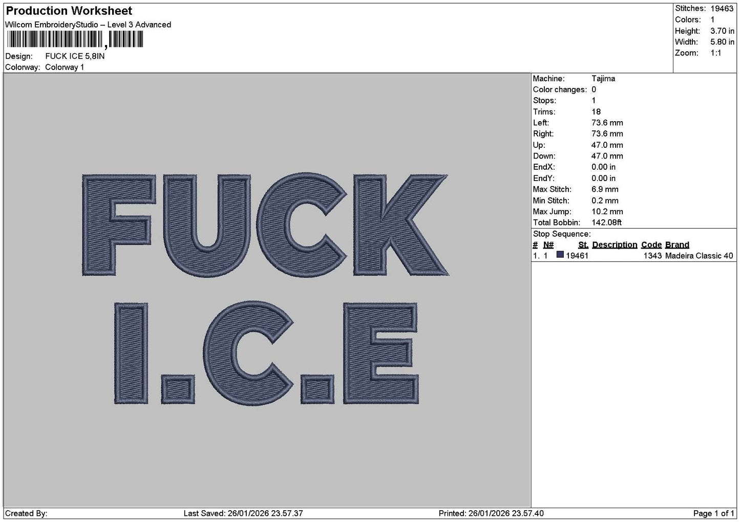 Icetext 2601 Embroidery File 6 sizes