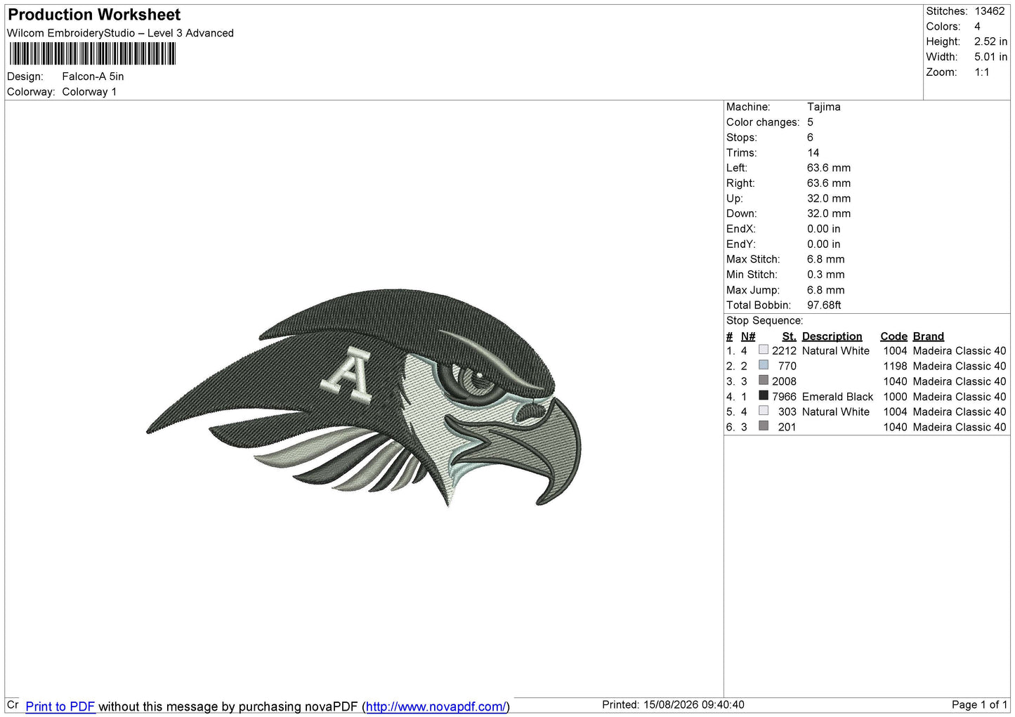 Falcon-A Embroidery File 6 size