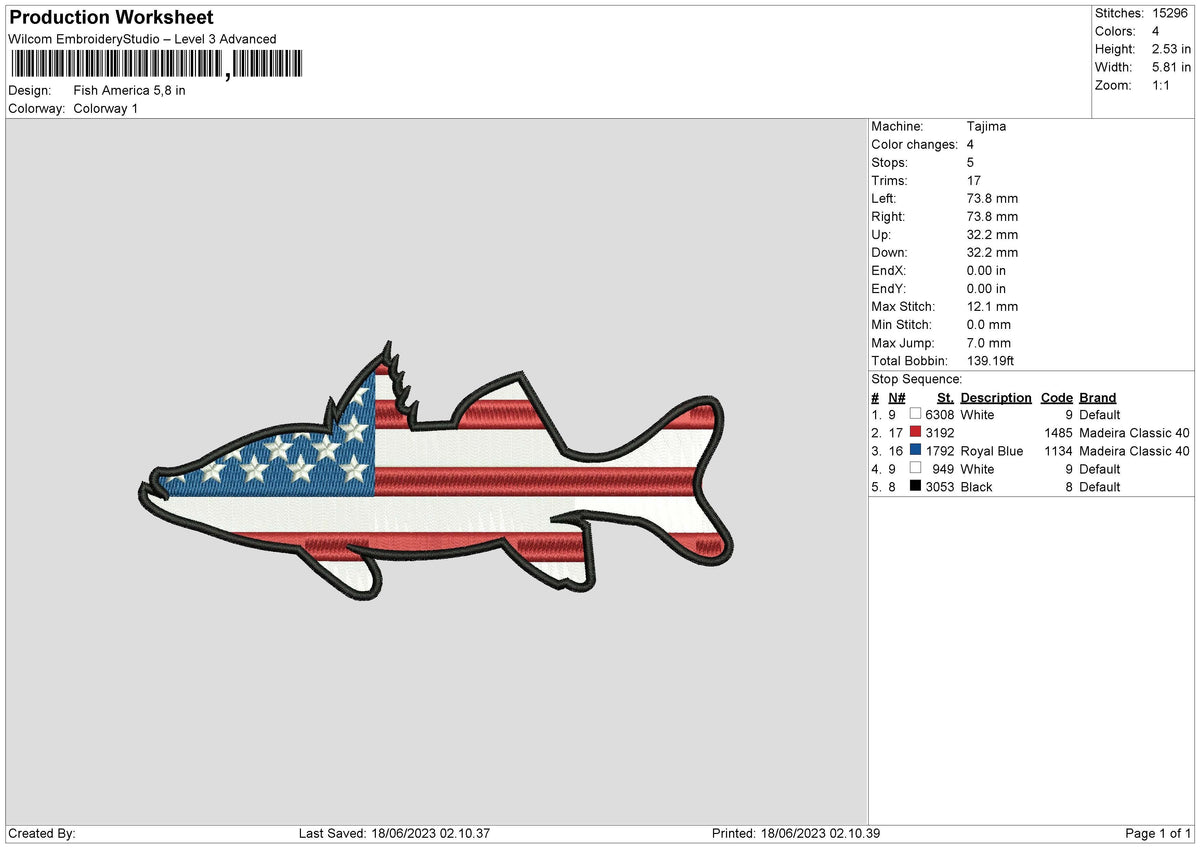 Fish America Embroidery File 6 sizes