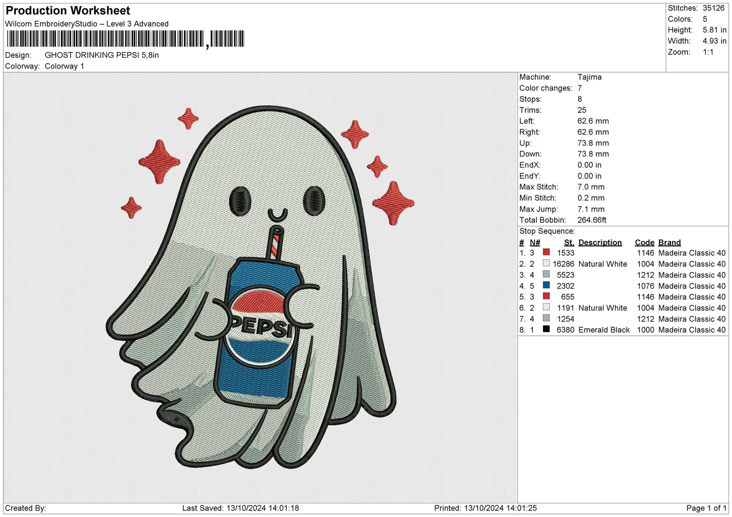 GHOST DRINKING PEPSI Embroidery File 6 size
