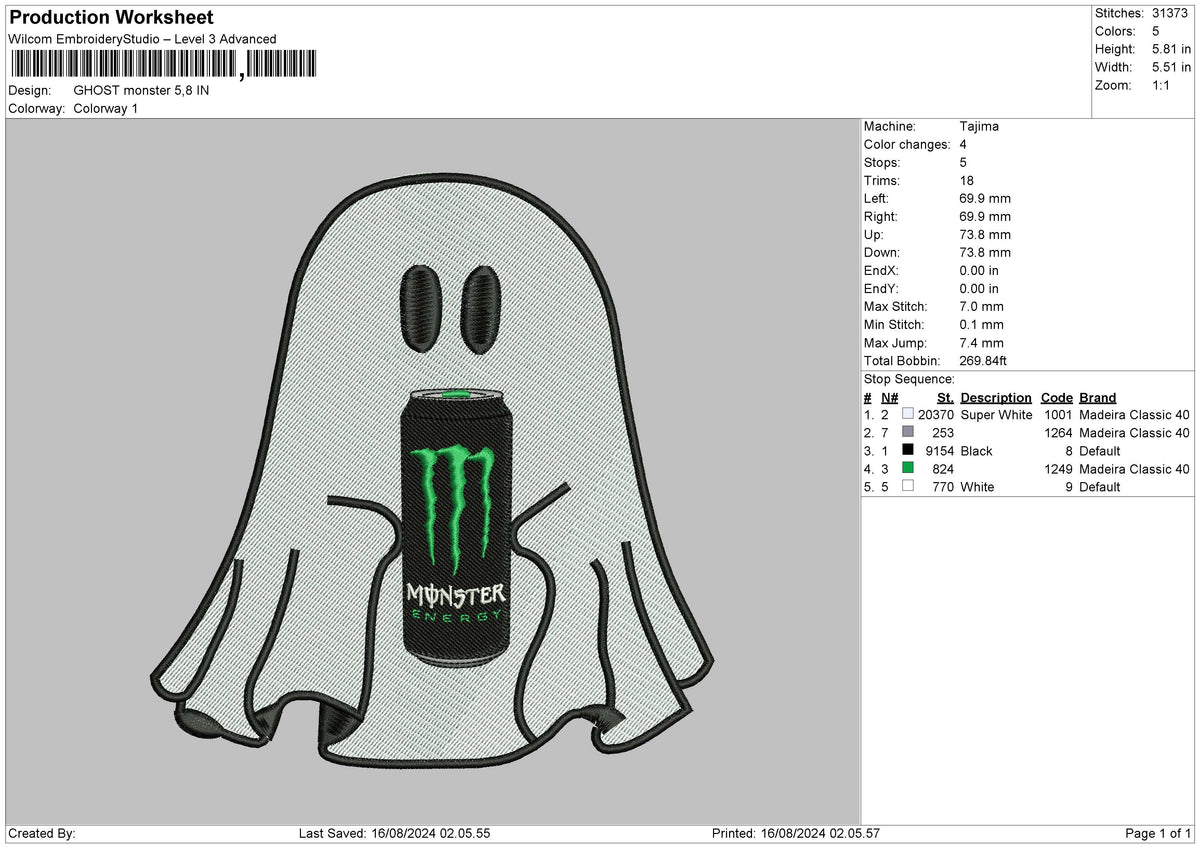 Ghost Monster 02 Embroidery File 6 sizes