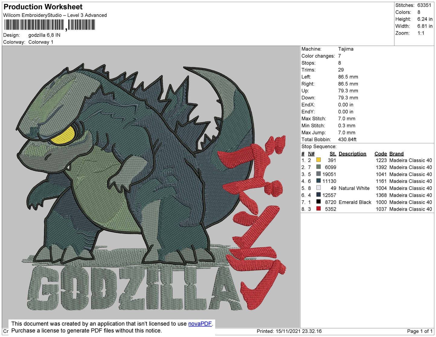Godzilla Embroidery