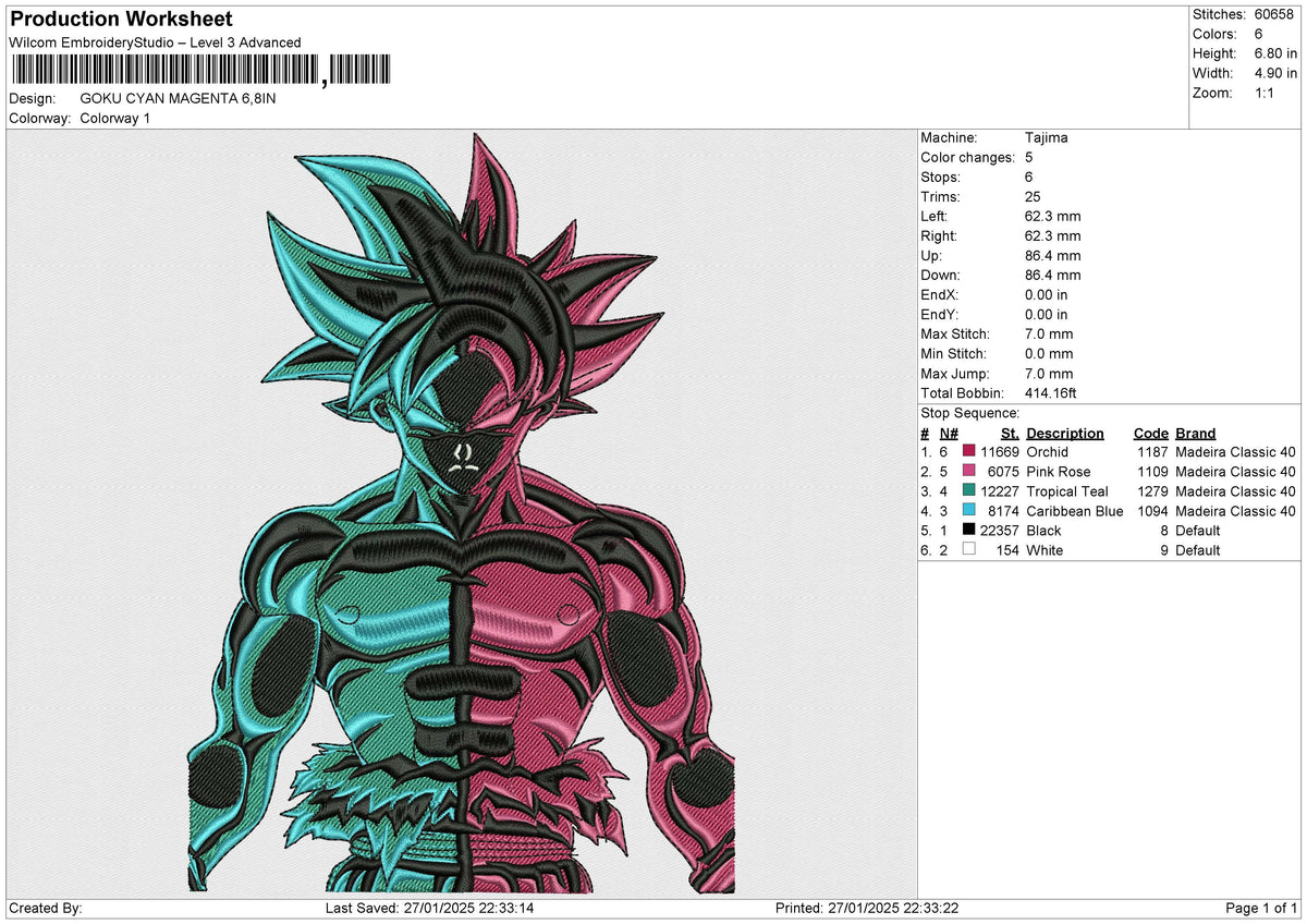GOKU CYAN MAGENTA Embroidery File 6 size