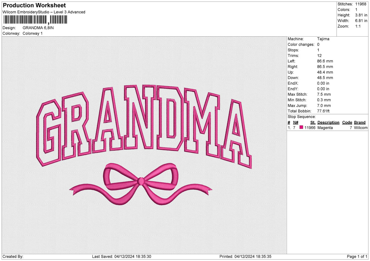 GRANDMA Embroidery File 6 size