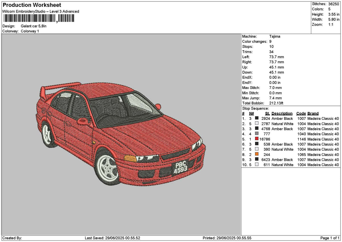 Red Car 2806 Embroidery File 6 sizes