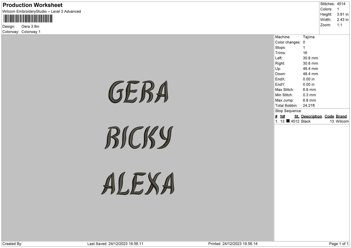 Gera Text Embroidery File 6 sizes