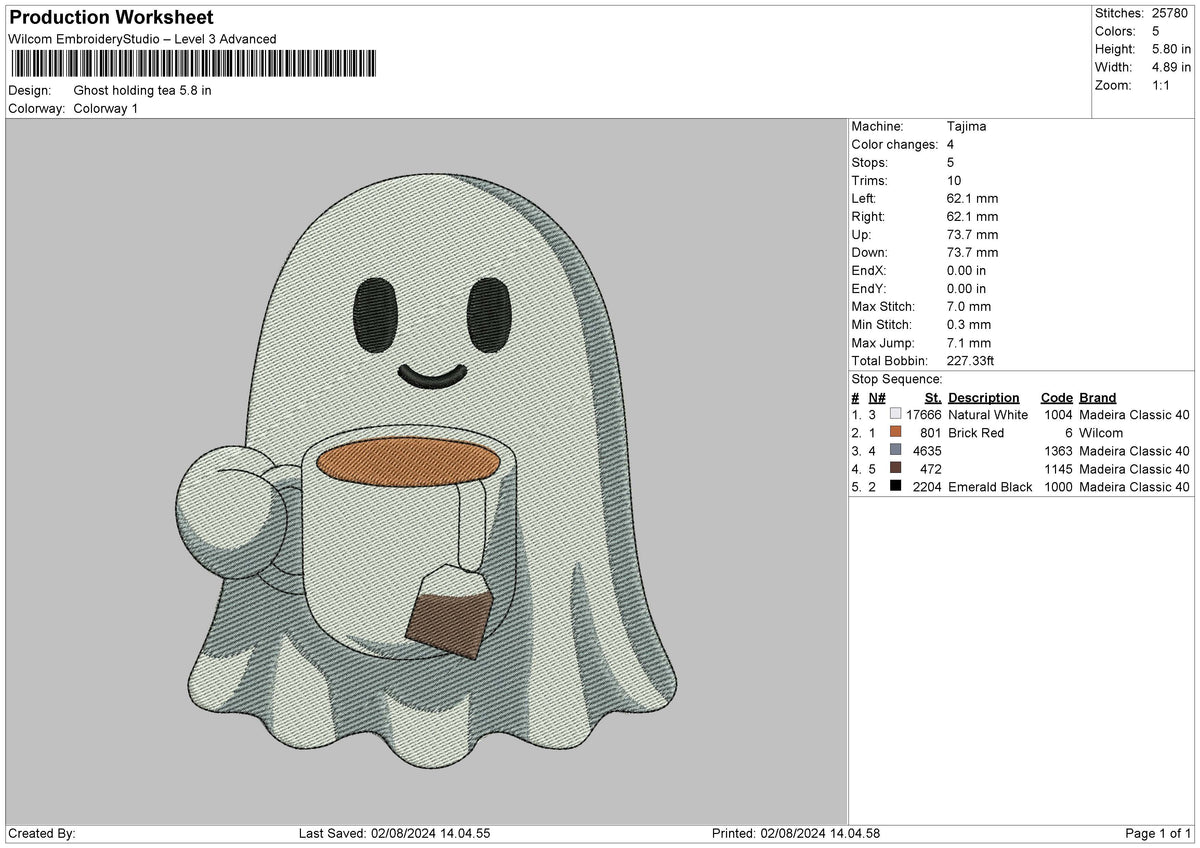 Ghost Tea Embroidery File 6 sizes